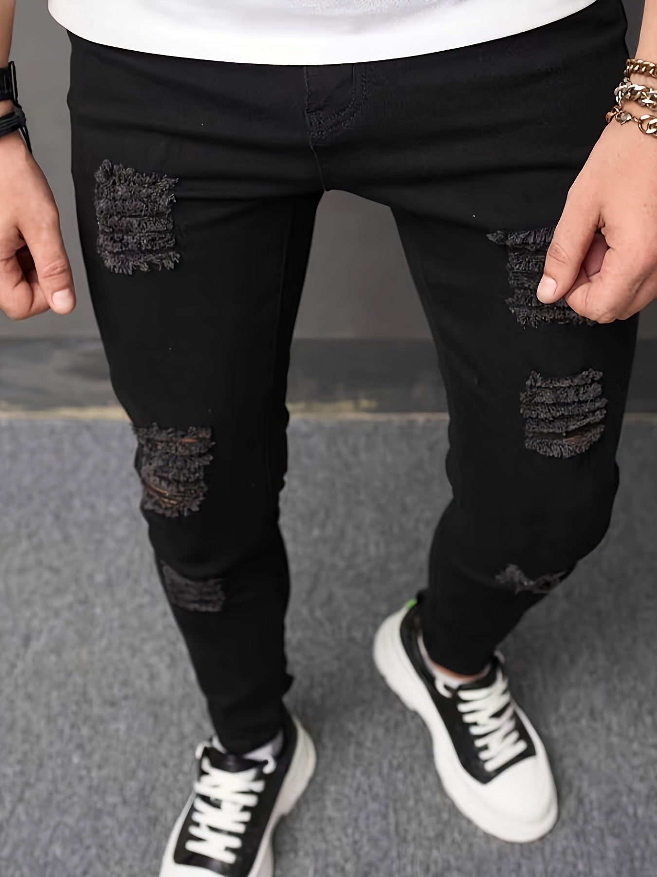 Men's Casual Ripped Skinny Jeans, Chic Street Style Medium Stretch Jeans