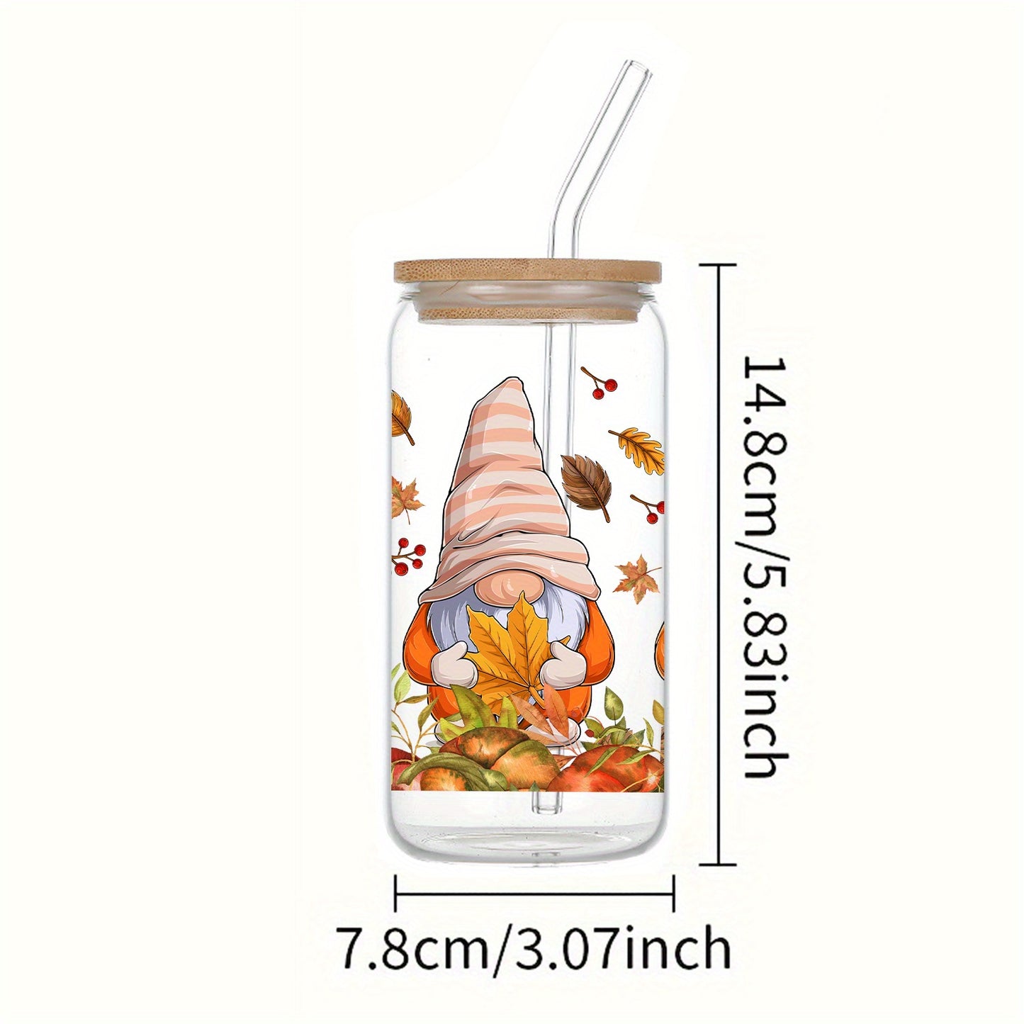 Thanksgiving 16oz Glass Tumbler with Lid & Straw - Gnome, Pumpkin & Maple Leaf Design | Perfect for Fall Beverages & Holiday Gifts