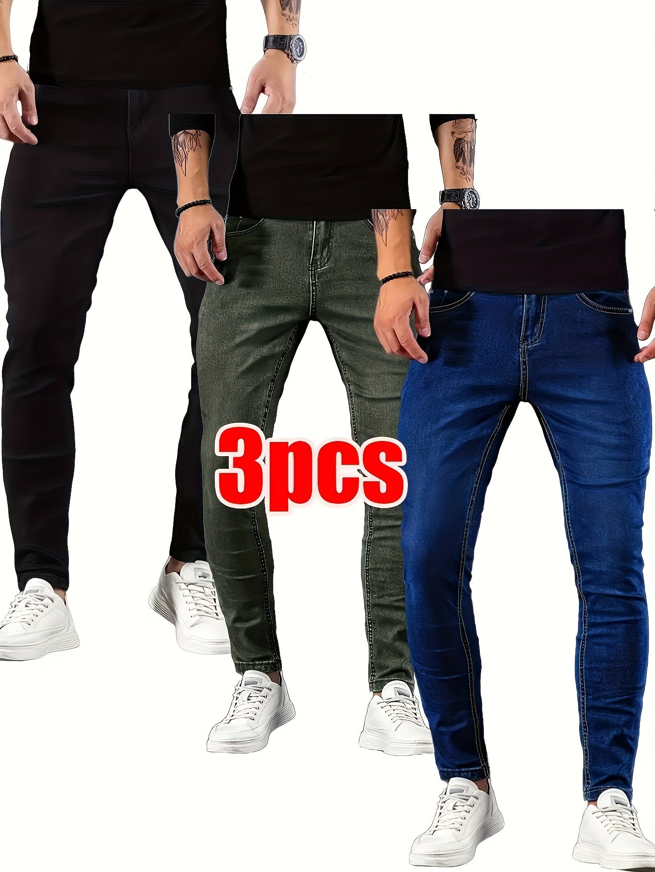 3pcs Men's Slim Fit Stretch Jeans - Casual Street Style Denim in Solid Colors, Cotton Blend