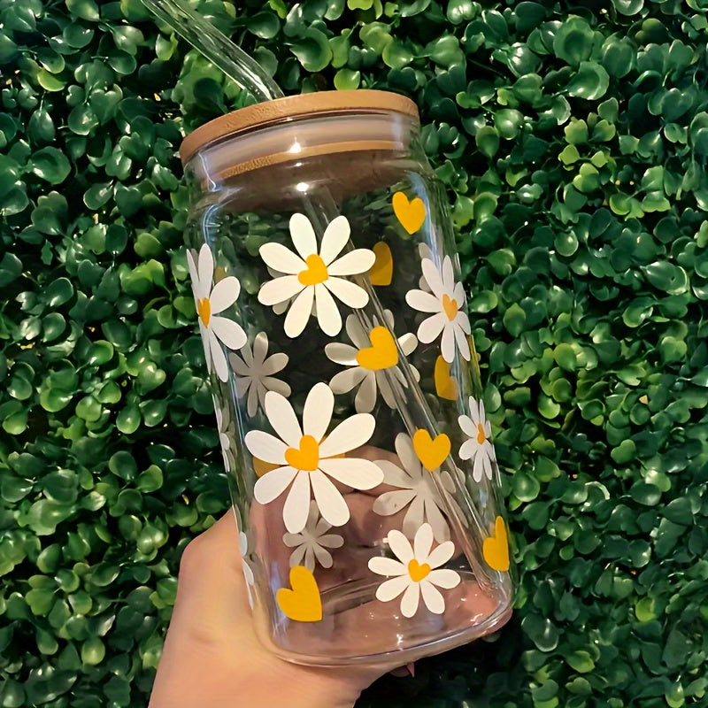 Floral Daisy Glass Water Bottle with Lid, Straw, and Brush - 550ml Leak-Proof Oval Glass Tumbler for Tea, Juice, Milk - Hand Wash Only, Reusable, Lead-Free, Multipurpose, Ideal for Christmas, Halloween, Easter, Hanukkah, Thanksgiving - Gift Set