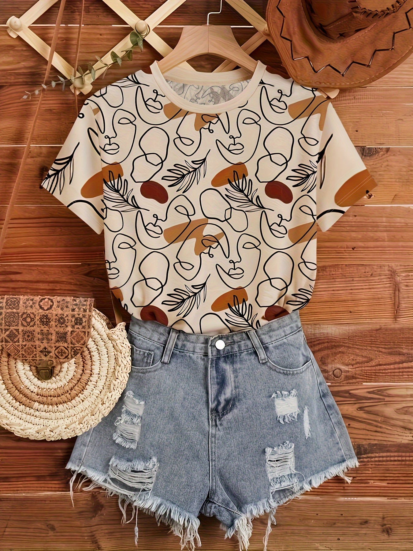 Abstract Print Crew Neck T-Shirt, Casual Short Sleeve T-Shirt For Spring & Summer, Women's Clothing