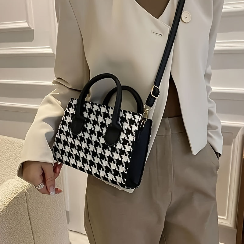 Women's Fashion Houndstooth Handbag, Autumn/Winter New Arrival, Faux Leather, Casual Shoulder Crossbody Bag, Black, Washable, No Oil Edges, Faux Leather Lining, City Theme, Zipper Closure, No Included Accessories