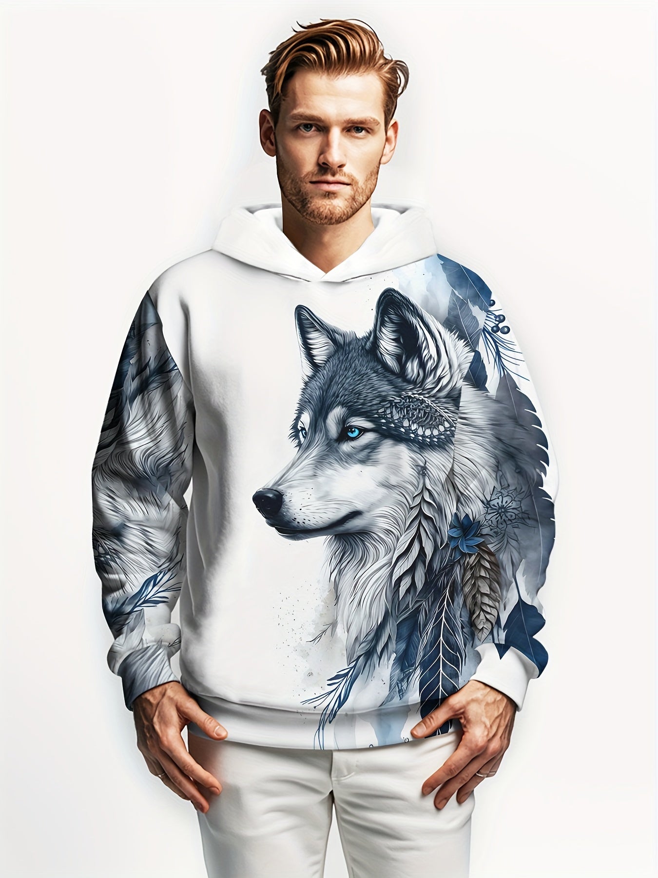 Men's Wolf & Leaf Graphic Hooded Sweatshirt, Casual Trendy Long Sleeve Pullover As Gift