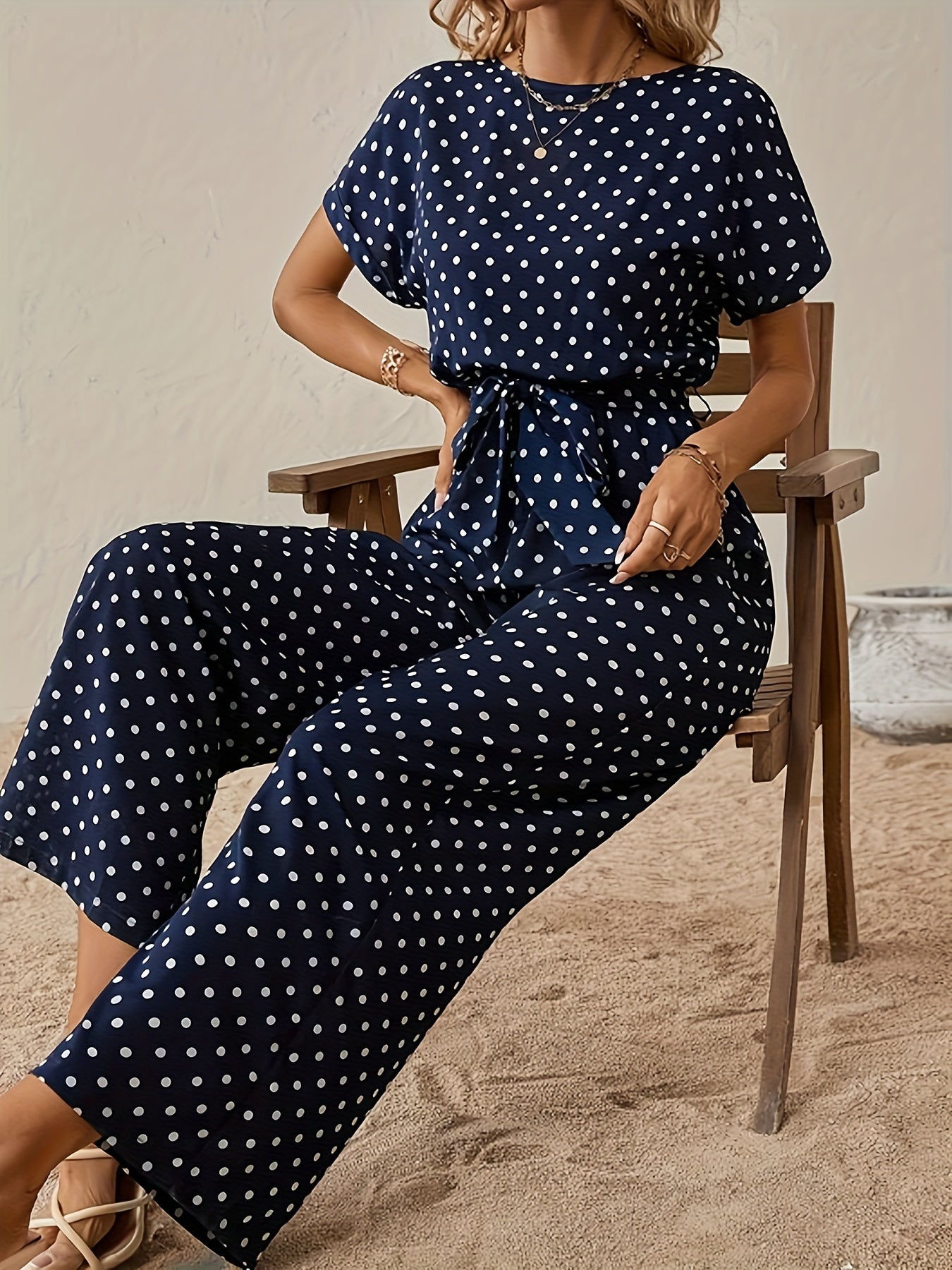 Polka Dot Print Crew Neck Jumpsuit, Elegant Short Sleeve Jumpsuit For Spring & Summer, Women's Clothing