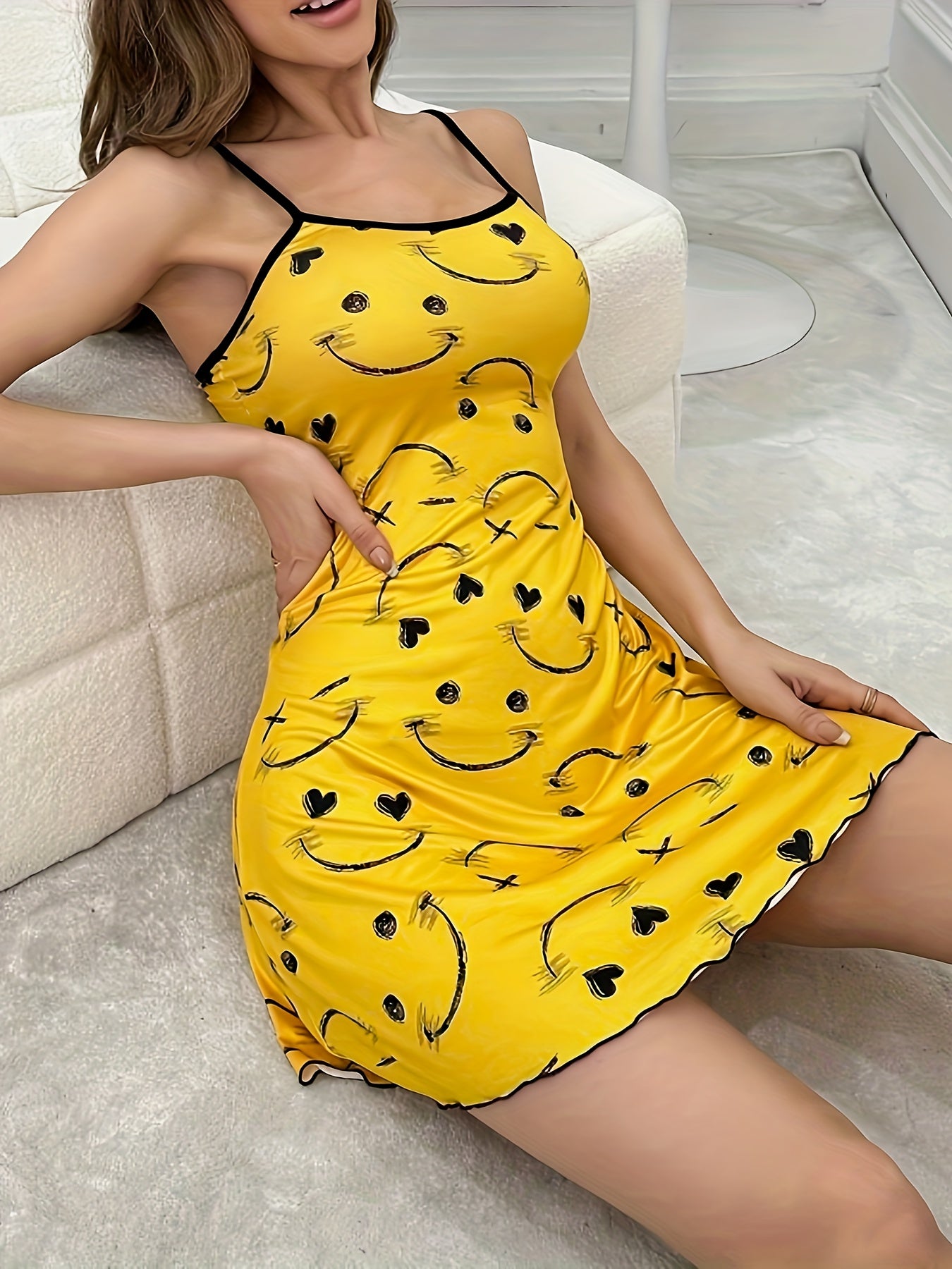 Smile Print Lettuce Trim Cami Dress, Casual Sleeveless Slip Mini Dress For Spring & Summer, Women's Clothing