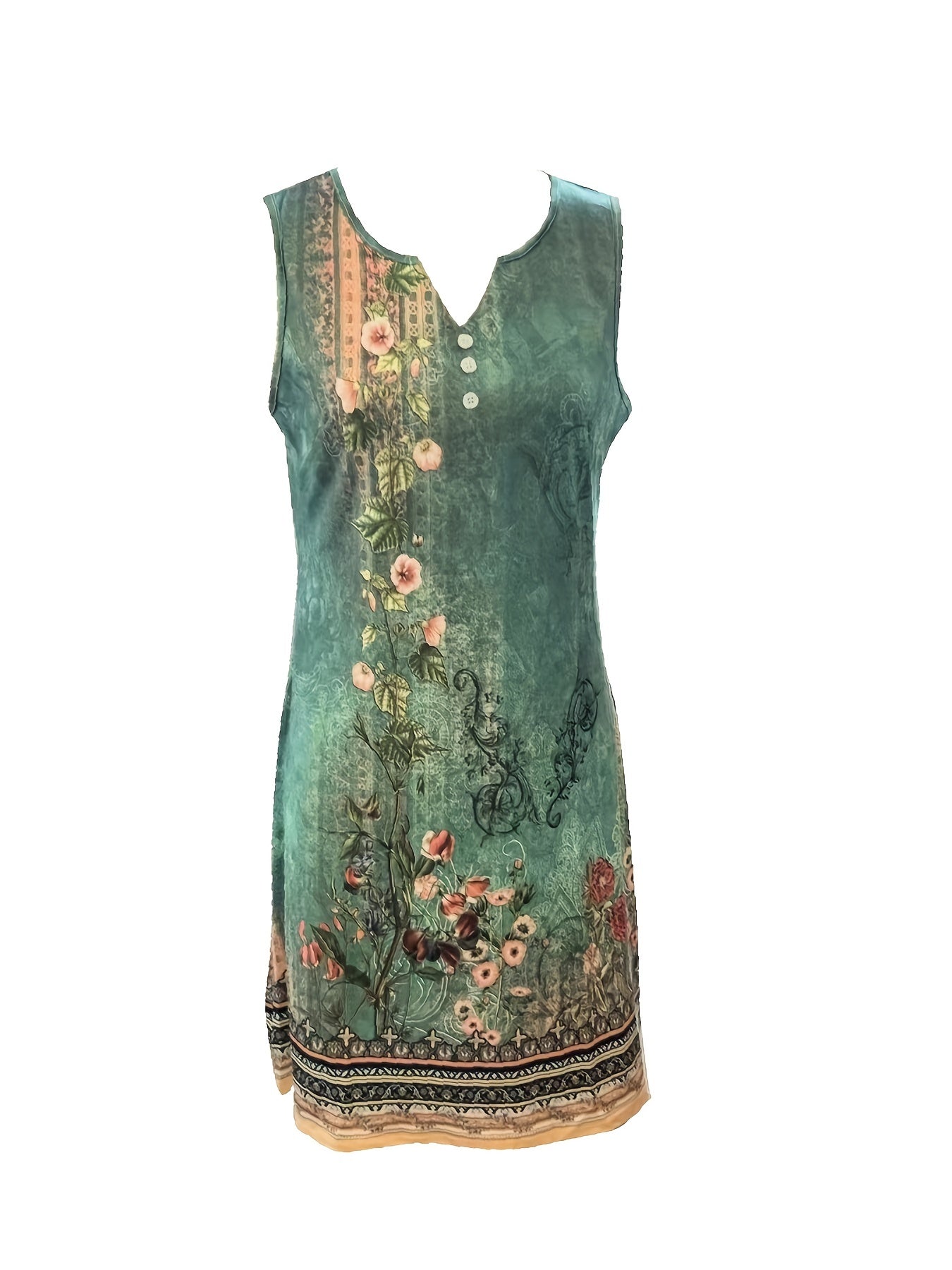 Floral Print Notched Neck Dress, Elegant Sleeveless Slim Dress, Women's Clothing