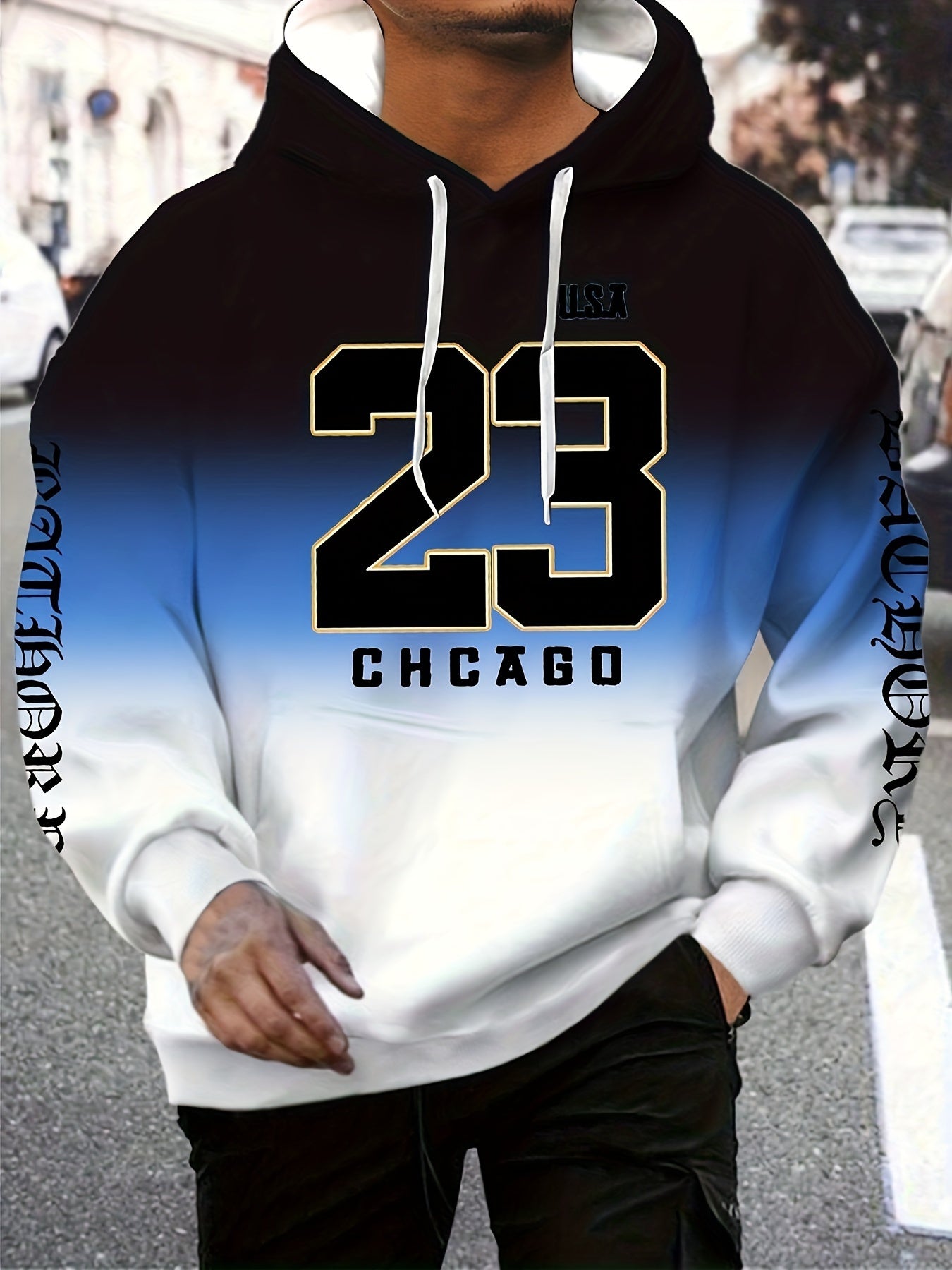 "CHICAGO #58.42cm Print Men's Gradient Hooded Sweatshirt With Kangaroo Pocket, Casual Pullover Tops For Spring Autumn