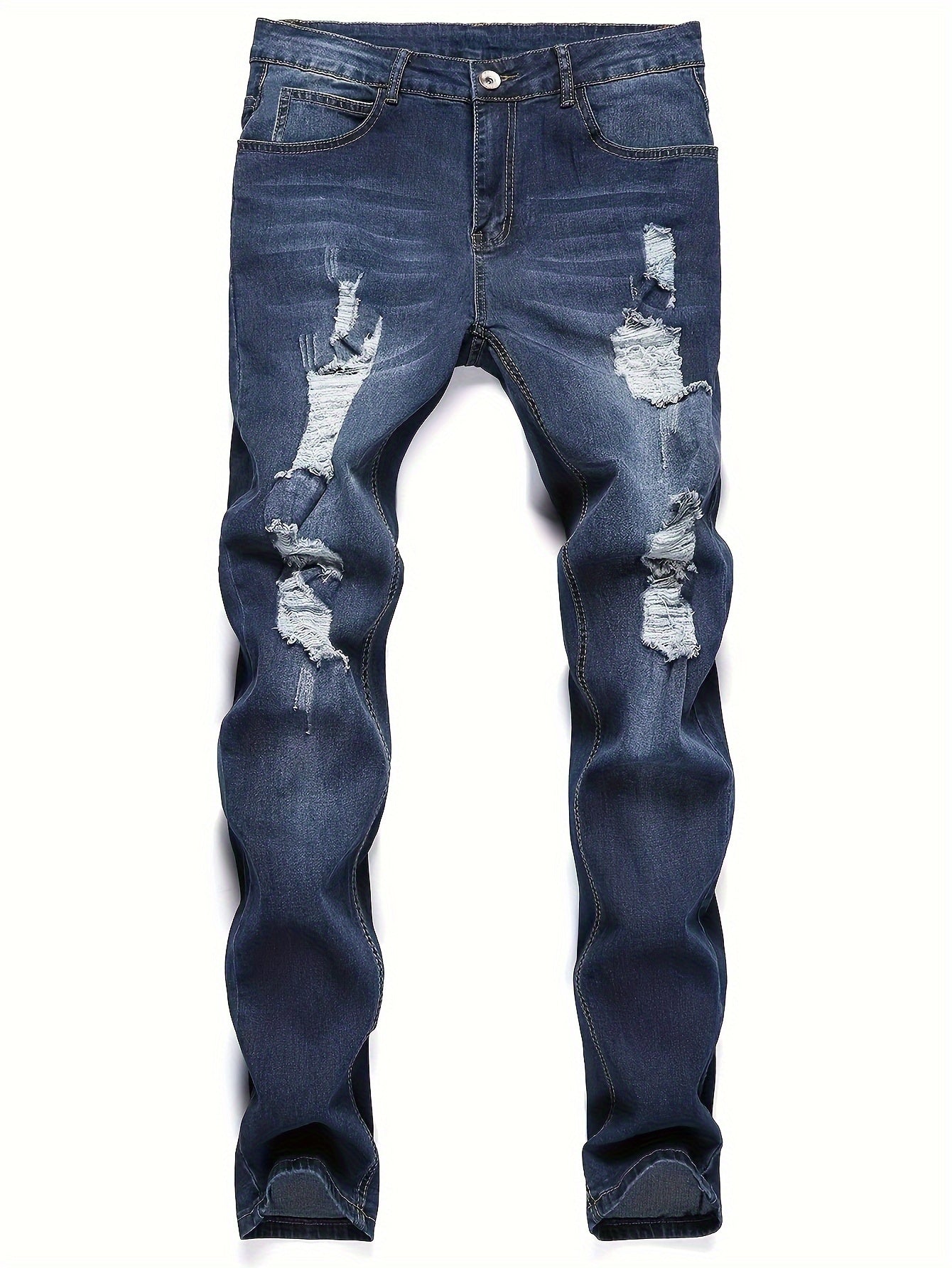 Men's Slim-Fit Stretch Denim Jeans with Distressed Ripped Detail - Versatile Blue, All-Season Wear