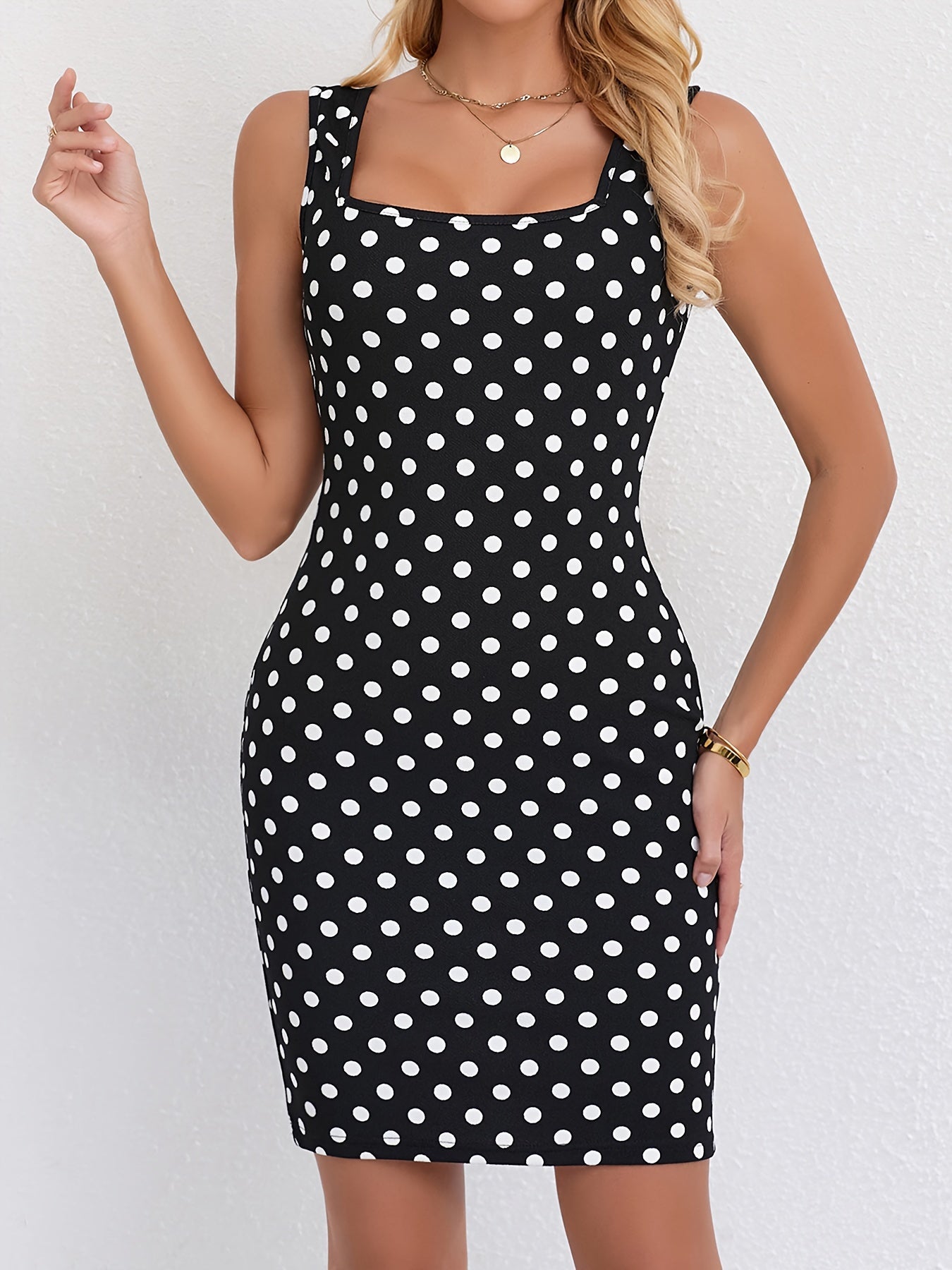 Polka Dot Print Bodycon Cami Dress, Elegant Square Neck Sleeveless Wide Strap Dress For Spring & Summer, Women's Clothing