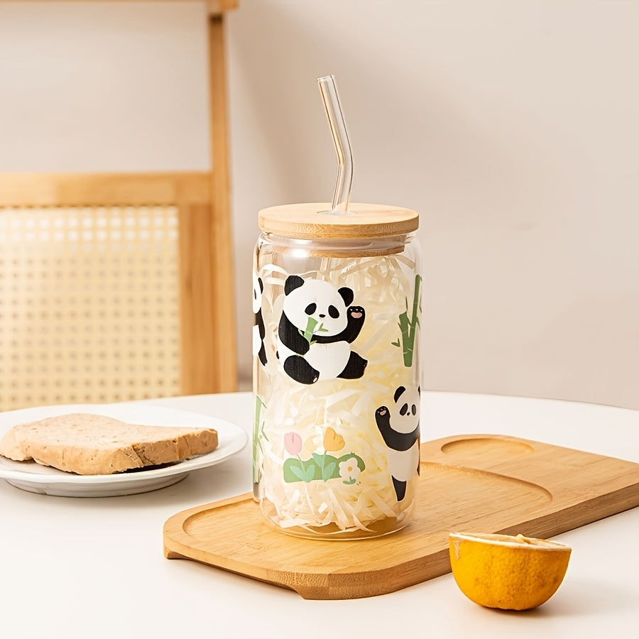 1pc EcoPanda 500ml/16.9oz Reusable Glass Tumbler with Bamboo Lid and Straw, Cute Panda Print, Ideal for Cold Beverages, Machine Washable, Perfect for Office, Reading, Dining - Glass Drinking Cup for Christmas, Halloween, Easter, Hanukkah, Thanksgiving