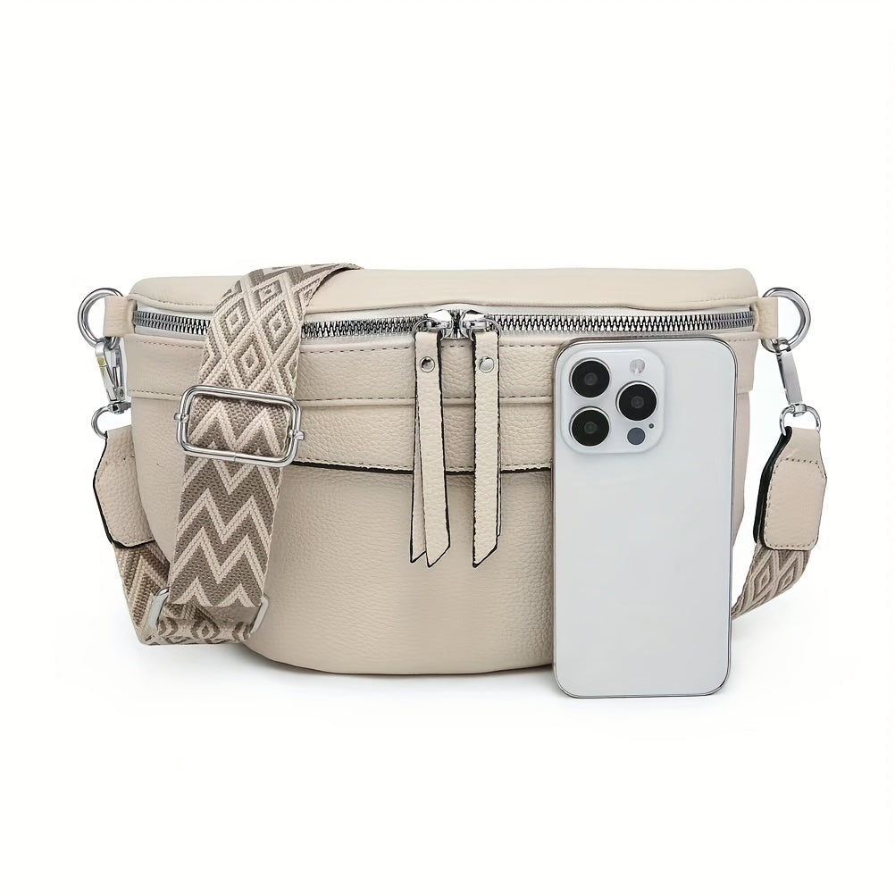 Soft Leather Crossbody Bag with Chevron Strap - PU Material, Zip Closure, and Vegan Pouch - Perfect for Everyday Carry