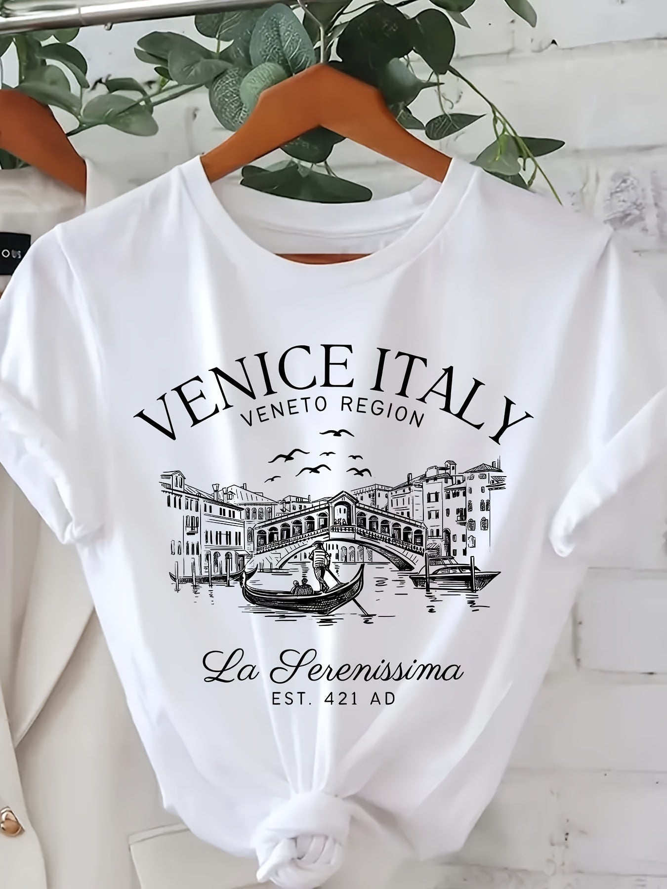 Venice Italy Letter Print T-shirt, Short Sleeve Crew Neck Casual Top For Summer & Spring, Women's Clothing