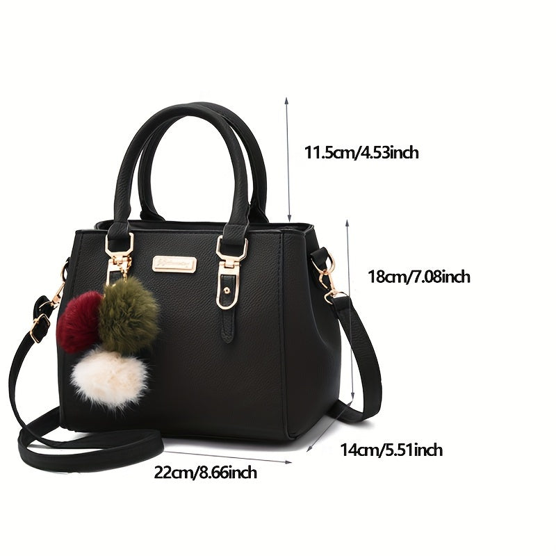 Chic Women's Faux Leather Handbag with Detachable Strap and Pom-Pom Charm - Versatile Solid Color Crossbody Bag