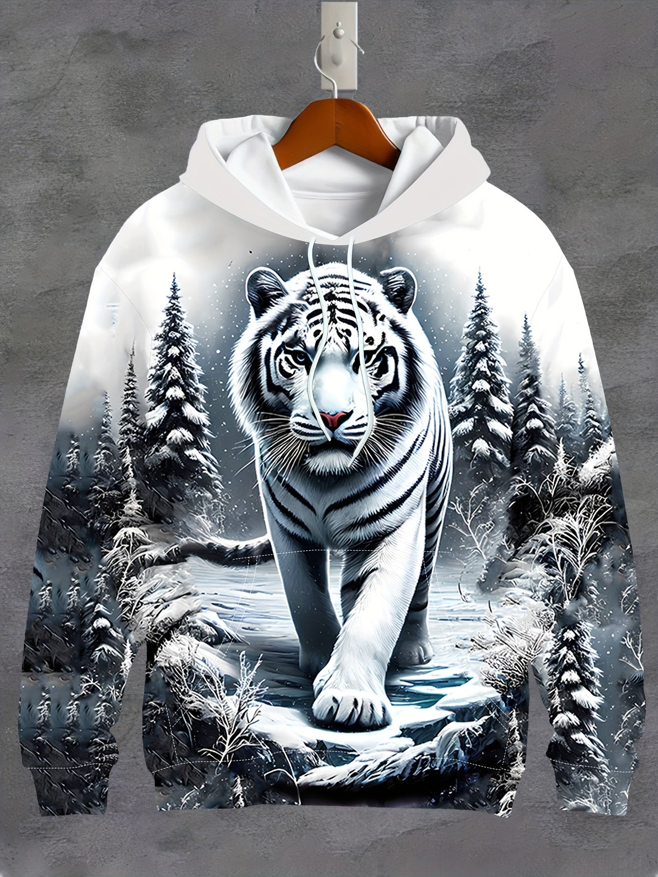 Men's 3D Digital White Tiger And Jacquard Print Hooded Sweatshirt With Kangaroo Pocket, Spring And Fall Sports Fashion Hoodie For Male