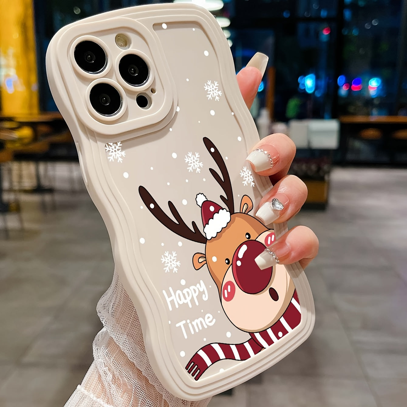 1pc Wave White Color Printing Christmas Fawn All-round Protection Mobile Phone Case Suitable for Iphone7 8 X XS XR 11 12 13 14 15 16 PRO PLUS PROMAX