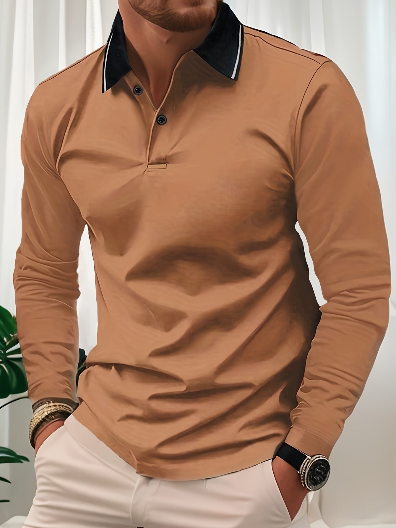 Men's Casual V-Neck Long Sleeve Rugby Shirt For Spring Autumn, Men's Clothing