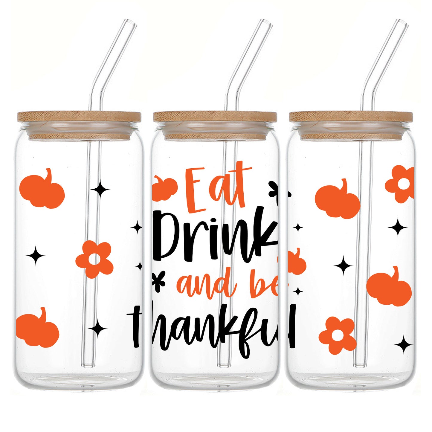 Thanksgiving 16oz Glass Tumbler with Lid & Straw - Pumpkin Floral UV Print, Perfect for Iced Coffee & Soda, Ideal Holiday Gift