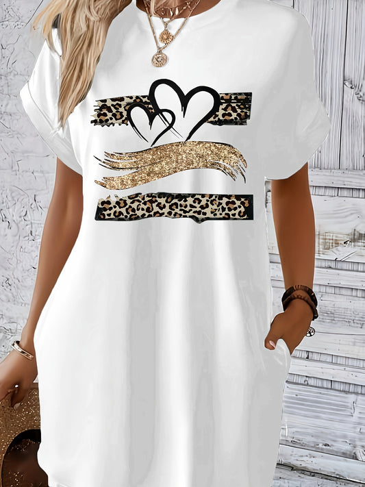 Heart & Leopard Print Dress With Pockets, Short Sleeve Crew Neck Casual Dress For Summer & Spring, Women's Clothing