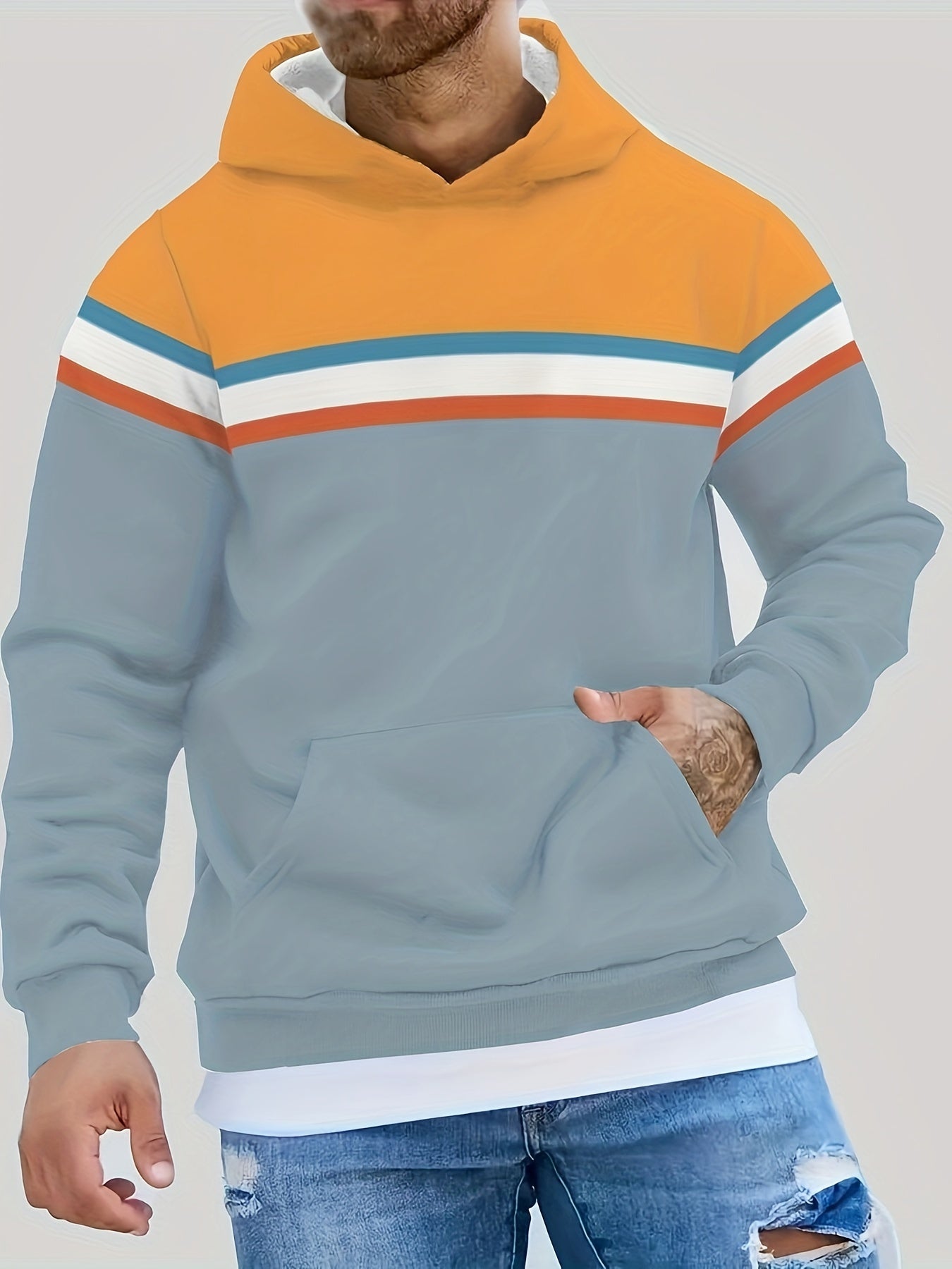 Men's Casual Color Block Hoodie - 100% Polyester Knit Fabric with Slight Stretch, Hooded Collar, Front Pocket Detail, Regular Fit Pullover Style