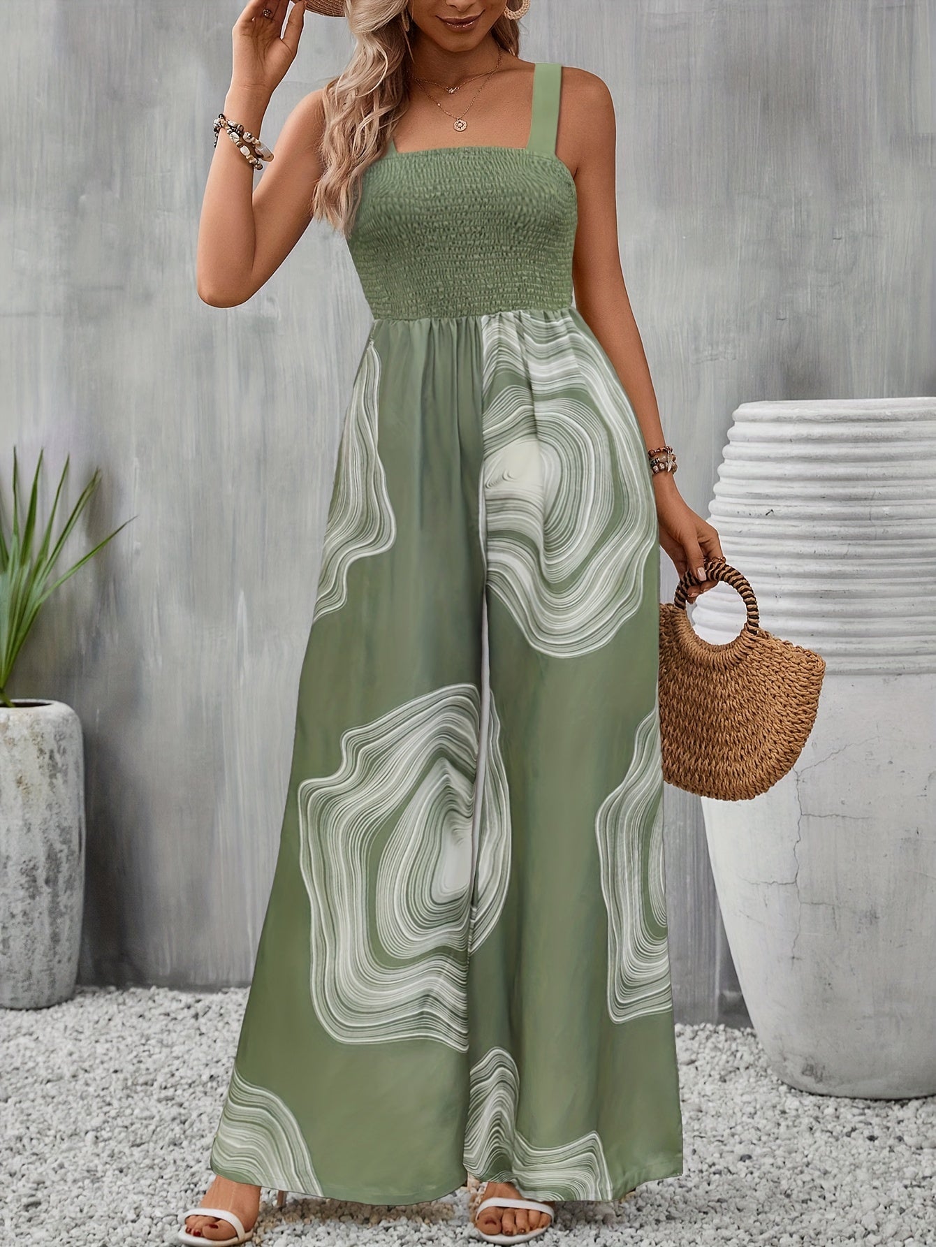 Round Print Square Neck Jumpsuit, Casual Backless Shirred Sleeveless Wide Leg Pocket Design Jumpsuit, Women's Clothing