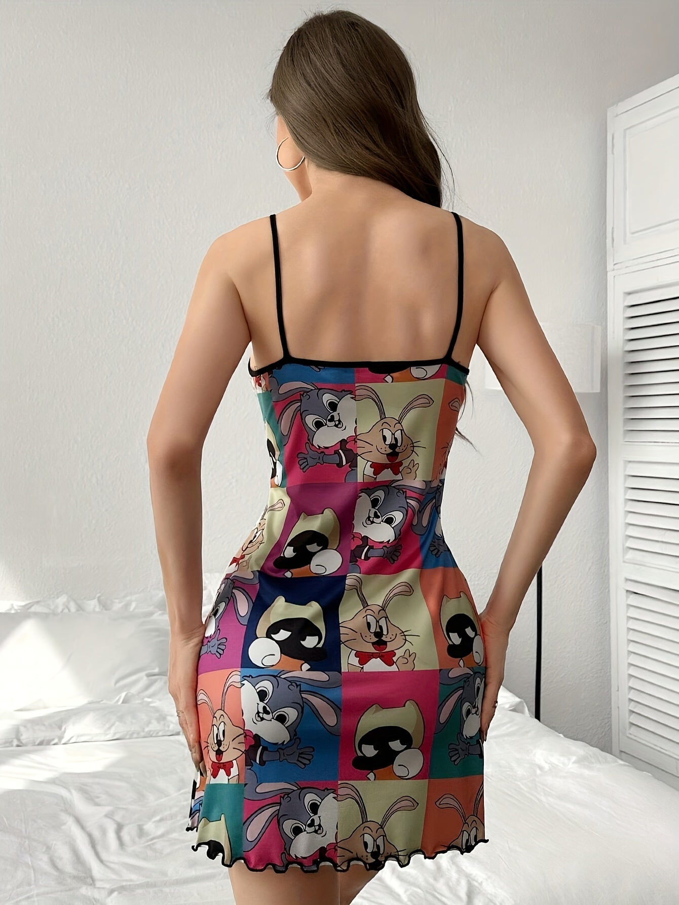 Cute Cartoon Print Nightgown, Round Neck Backless Frill Trim Slip Dress, Women's Sleepwear