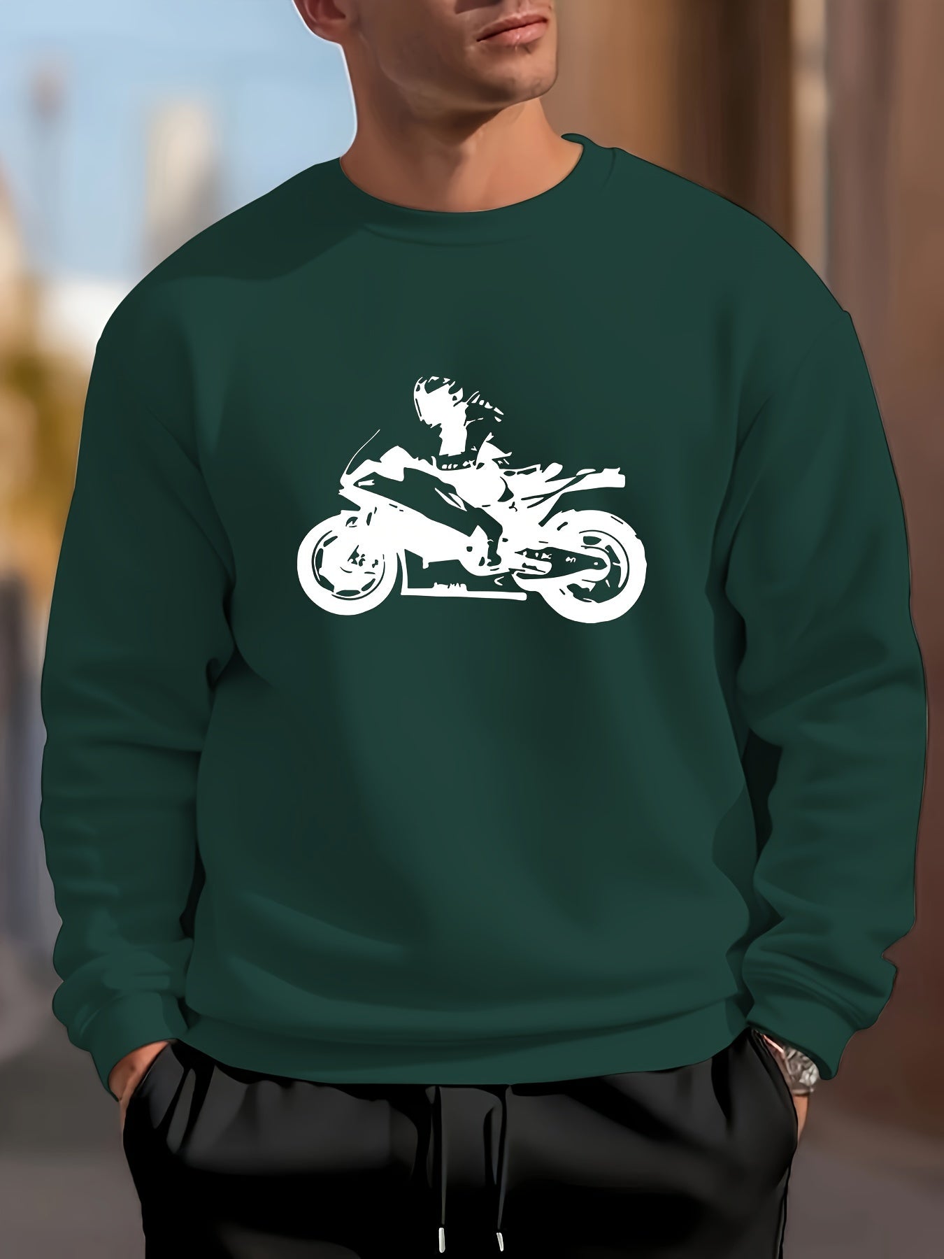 Fashion Rider Silhouette Graphic Print, Men's Fashion Comfy Crew Neck Pullover Sweatshirt For Daily And Outdoor Wear