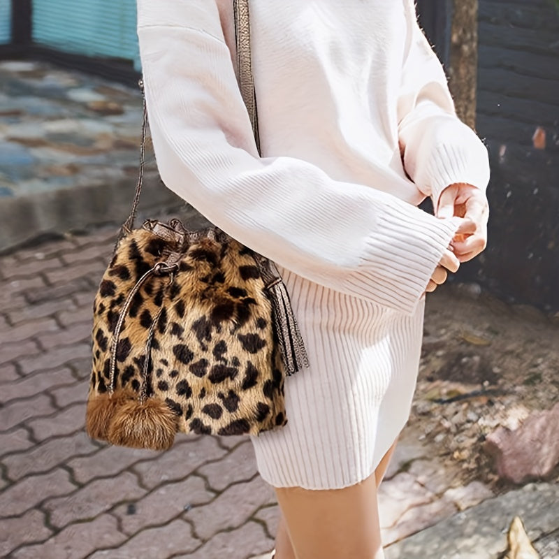 Plush Leopard Pattern Bucket Bag, Trendy Drawstring Crossbody Bag, Luxury Shoulder Purse For Women