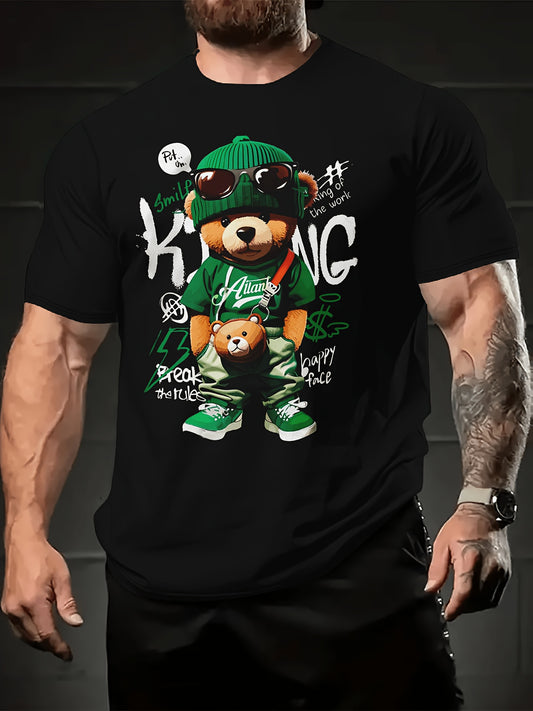 Summer 2024 Trendy Men's T-Shirt with Cool Bear Graphic - Soft Polyester, Crew Neck, Short Sleeve, Street Style