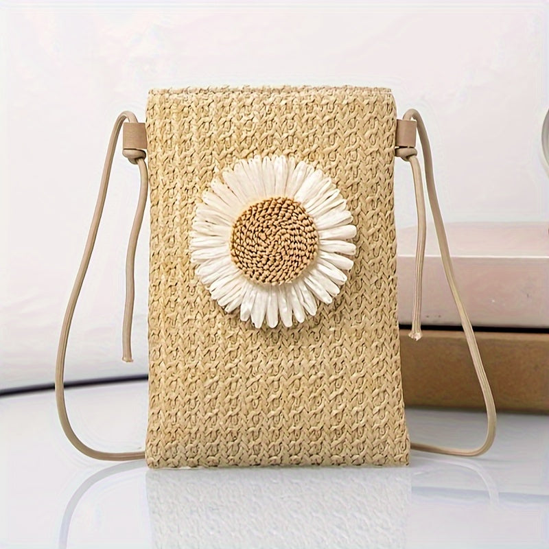 Women's Mini Boho Weave Crossbody Bag, Small Daisy Sunflower Clutch, Simple Straw Shoulder Purse