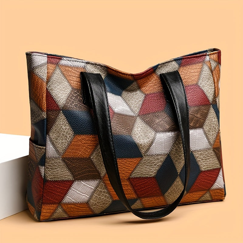 Vintage-Style Women's Tote Bag With Grid Pattern, Adjustable Shoulder Strap Bag With Zipper Closure