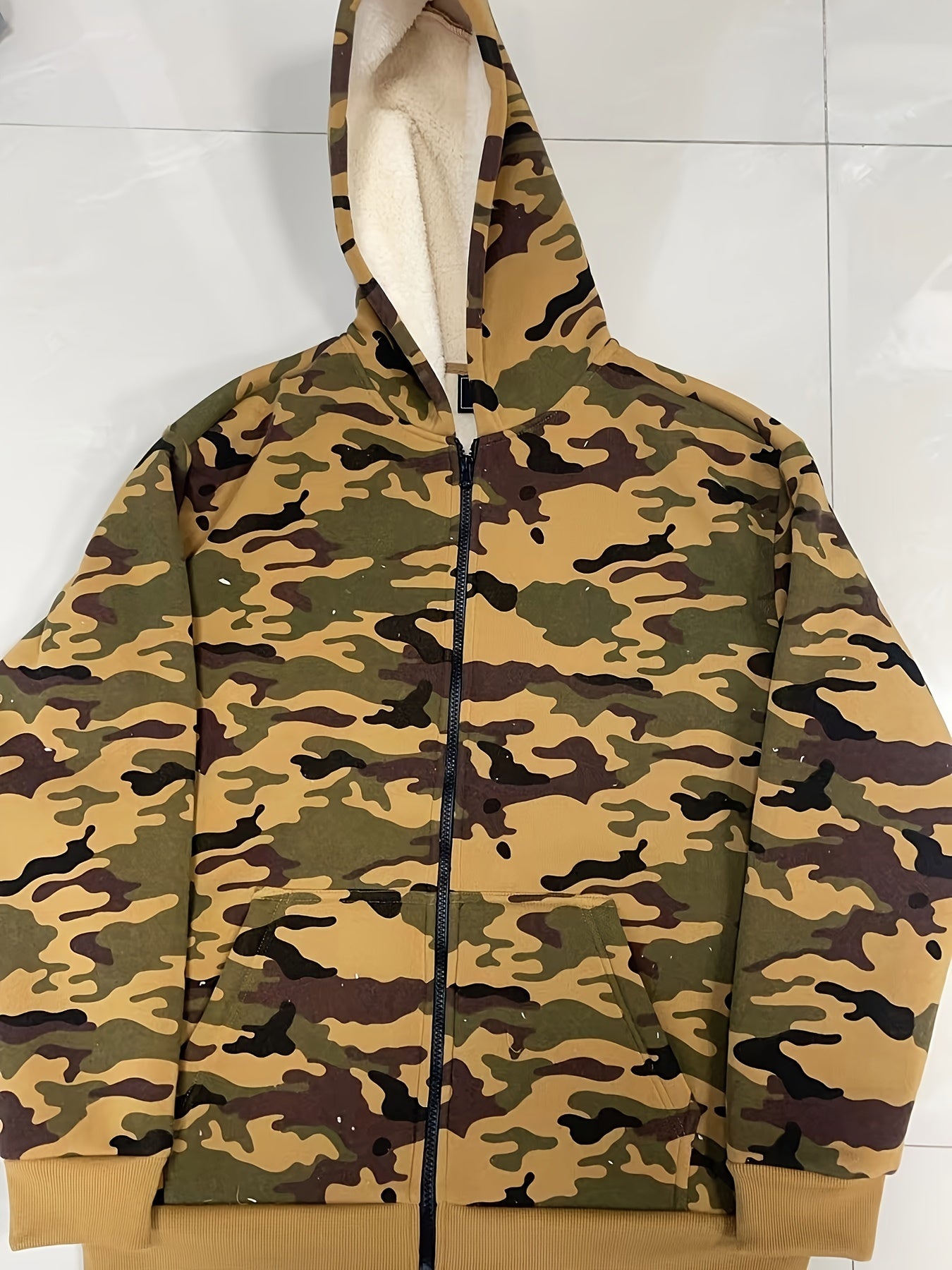 Warm Fleece Camo Hooded Winter Hooded Jacket, Men's Casual Stretch Zip Up Jacket Coat For Fall Winter