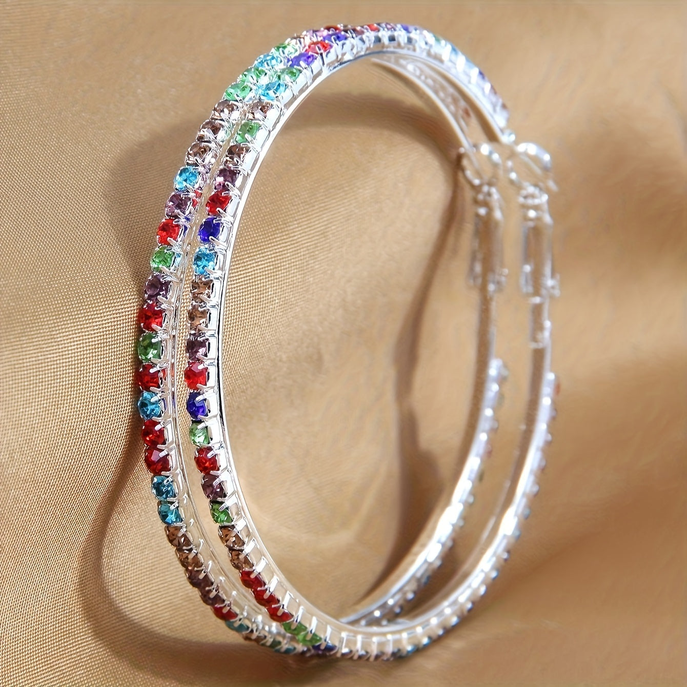 2pcs Bohemian Style Colorful Rhinestone Hoop Earrings Set, Simple Fashion Round Circle Ear Hoops, /Silver Plated Jewelry for Women