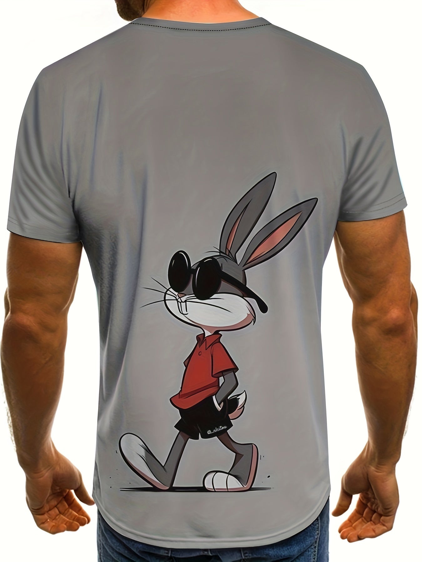 Men's Fashion 3D Rabbit Print T-Shirt, Summer Casual Comfort Tee, Short Sleeve Top for Daily Activities, Polyester, Round Neck, Stretch Fabric, Printed, Regular Fit, Knit Construction