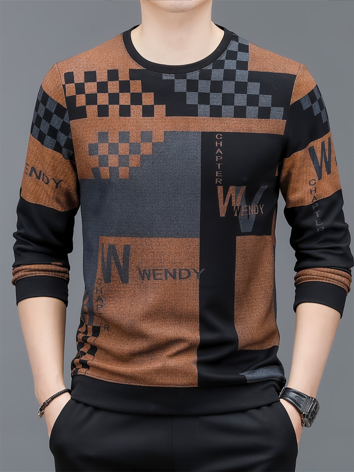 Men's Casual Long Sleeve Pullover - Stylish Plaid & Letter Design, Rayon Blend, Machine Washable - Perfect for Casual Attire