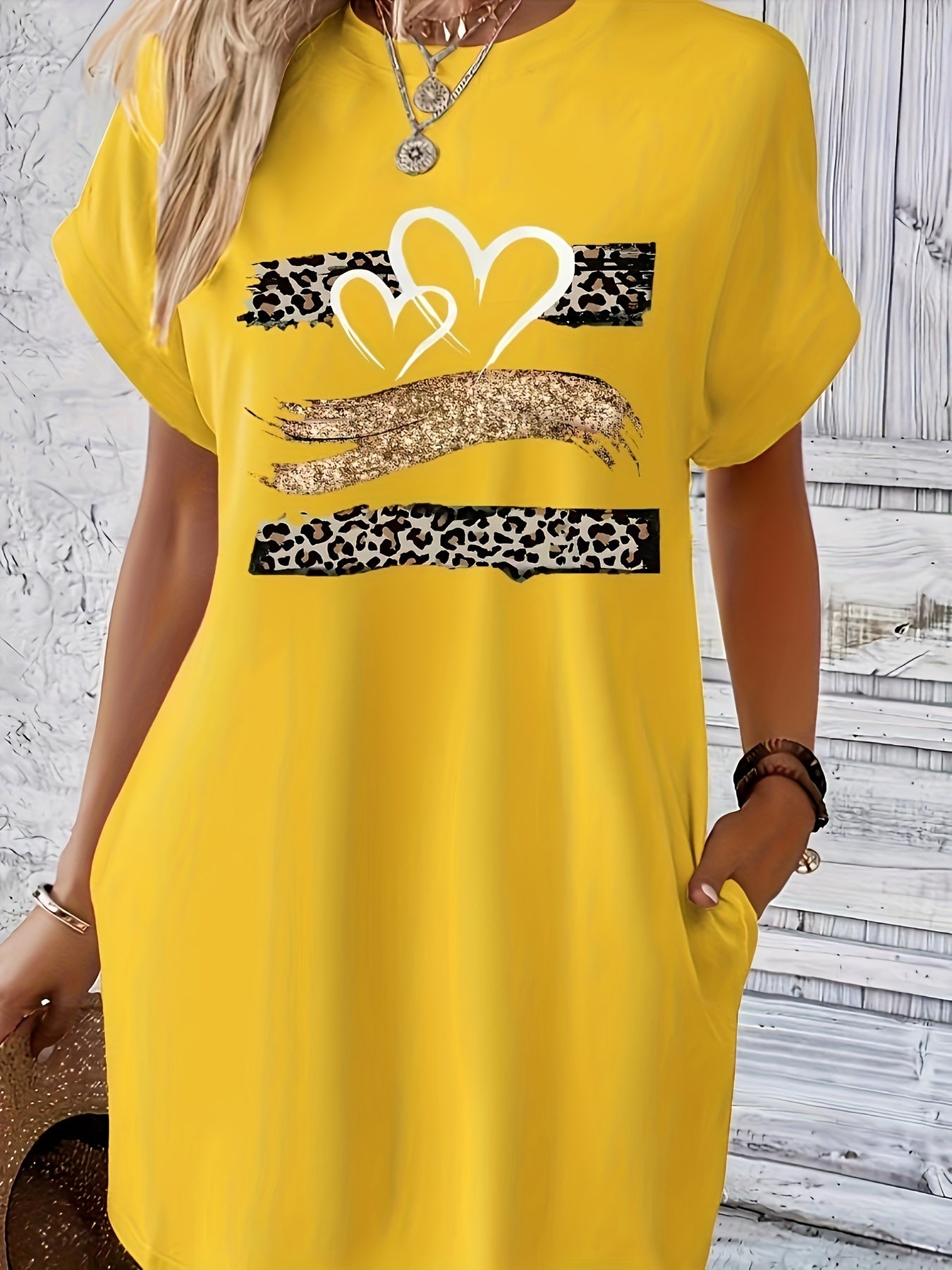 Heart & Leopard Print Dress With Pockets, Short Sleeve Crew Neck Casual Dress For Summer & Spring, Women's Clothing