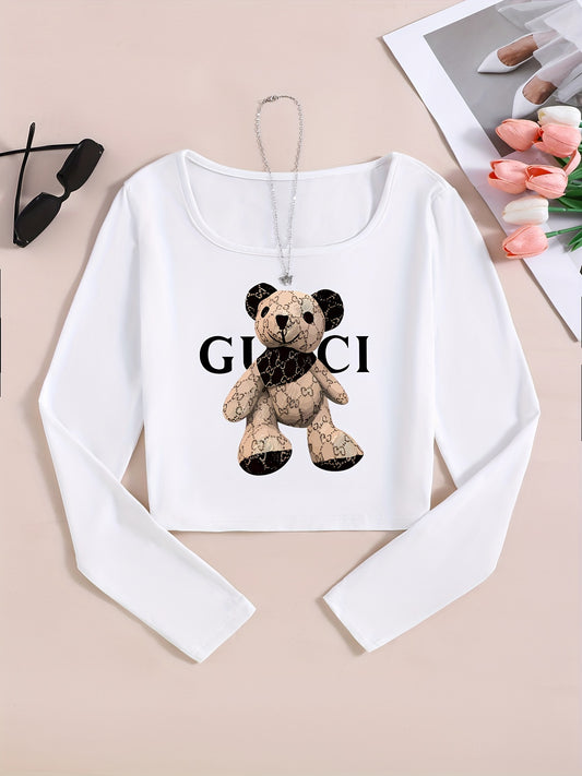 Women'S Short Sleeve T-Shirt with Cute Cartoon Bear Pattern, Casual Polyester Knit Fabric, Spring/Fall Fashion Top with Round Neckline