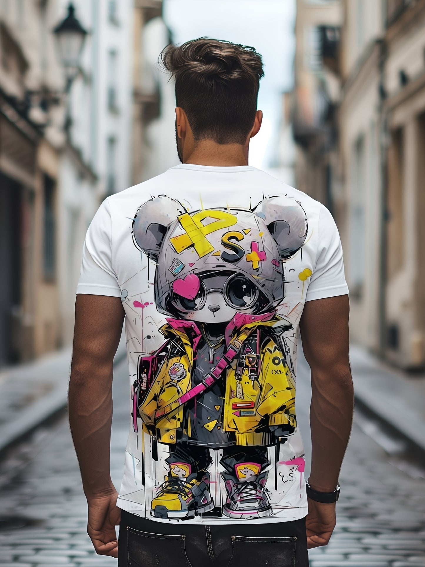 Summer Fashion Cool Bear Cartoon Print Crew Neck T-Shirt for Men - Casual Short Sleeve Polyester Top with Slight Stretch for Daily, Sports & Vacation