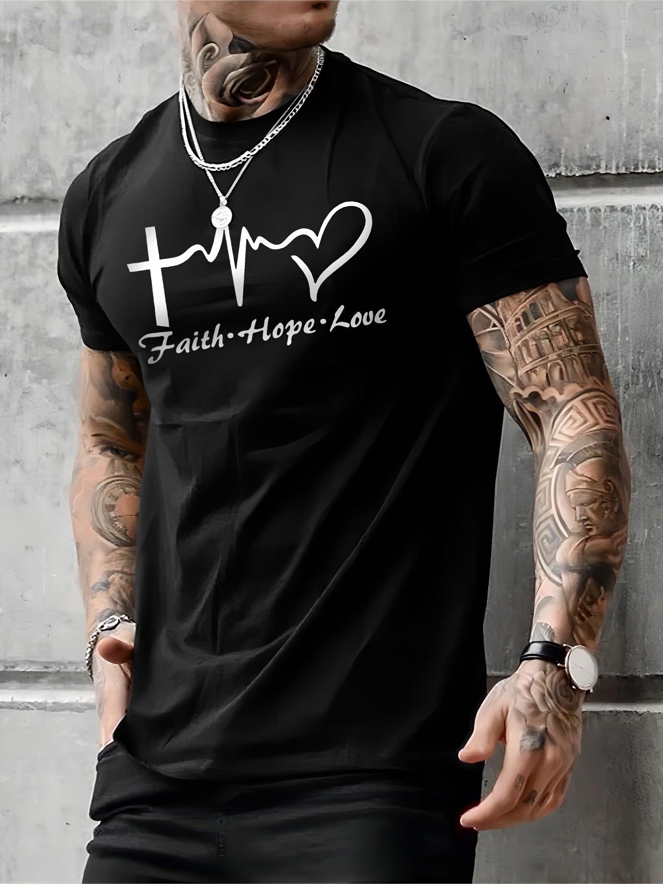 Love patterned printed round neck T-shirt, men's casual street style slightly stretched round neck T-shirt, summer style