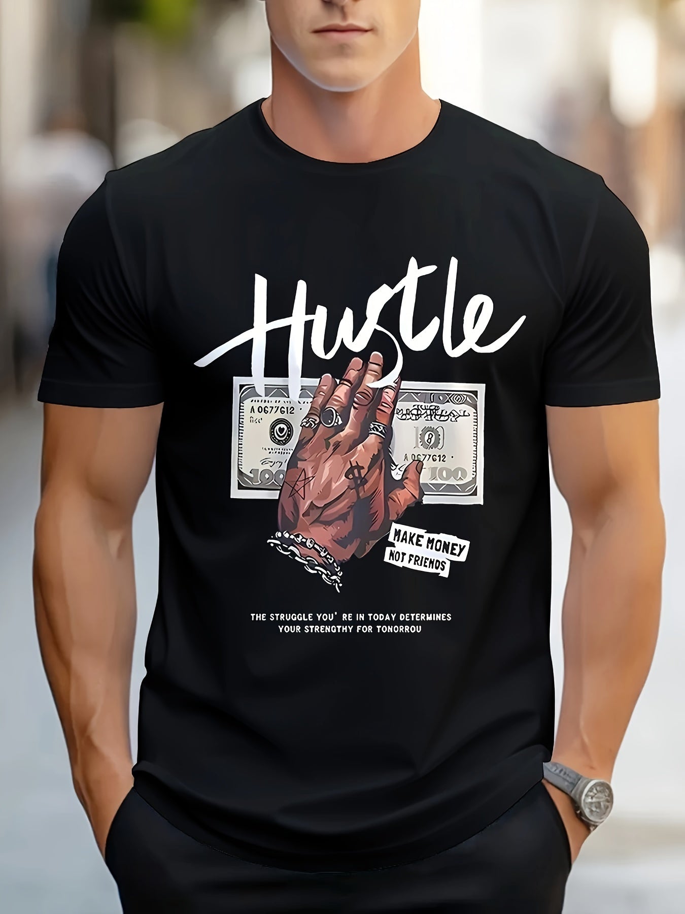 Men's 'HUSTLE' & Money Print Short Sleeve Crew Neck T-shirt, Casual Stylish Tee As Gift