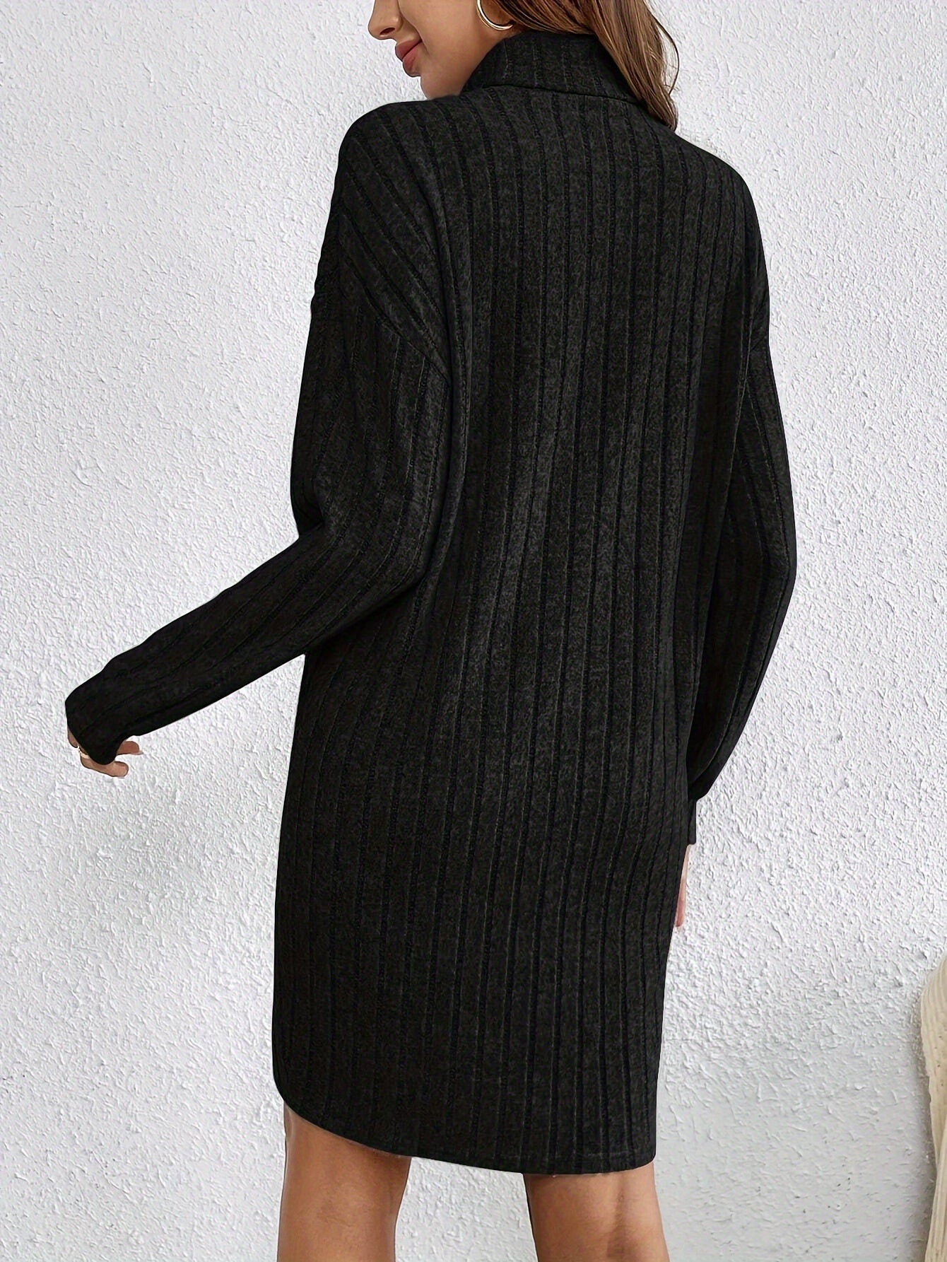 Mock Neck Rib Knit Dress, Elegant Long Sleeve Midi Dress For Spring & Fall, Women's Clothing