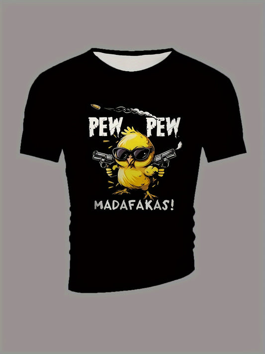 1pc Men'S Novelty T-Shirt, Vintage Style "Pew Pew Madafakas" Chicken with Guns Graphic, Polyester Knit Fabric, Casual Crew Neck, Short Sleeve Tee for Adults