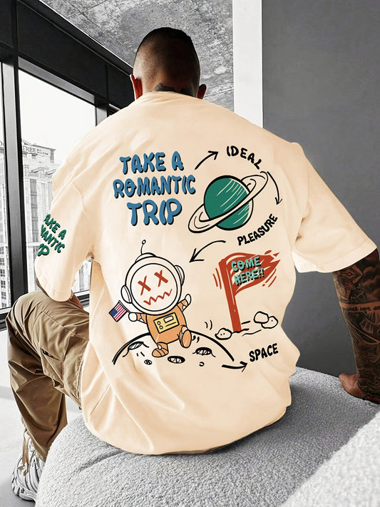 Men's Astronaut Cartoon Print Crew Neck T-Shirt Polyester Knit Fabric with Slight Stretch, Geometric Pattern Street Style Tee for Summer - Regular Fit Short Sleeve Casual Shirt