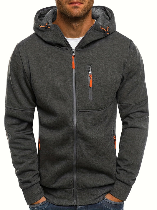 Men's Casual Hooded Jacket - Full Zip, Long Sleeve, Polyester Blend, Solid Color with Kangaroo Pocket - Perfect for Fall & Winter, for Autumn, Spring