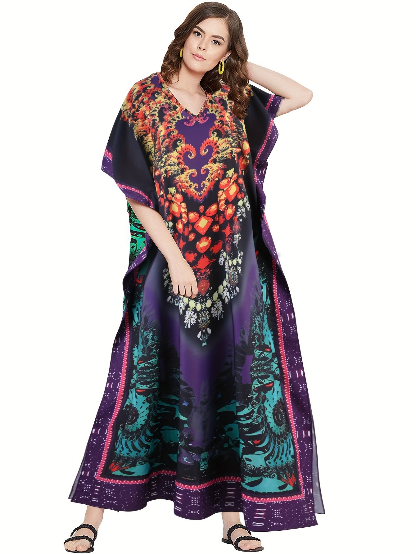 Allover Print V Neck Kaftan, Elegant Batwing Sleeve Maxi Dress, Women's Clothing