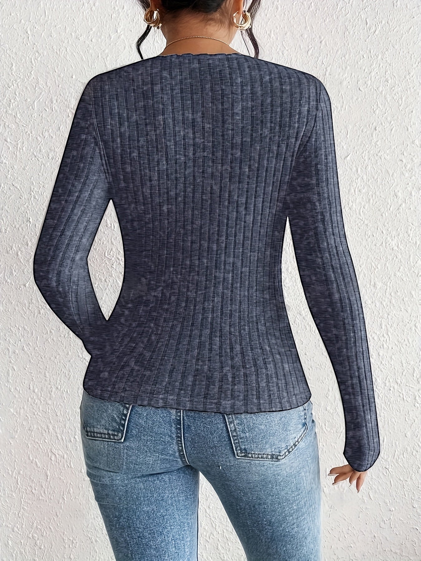 Elegant Ruched Bust Long Sleeve Tee - Polyester Blend (95% Polyester, 5% Elastane) with Neckline, Solid Ribbed Knit Top, Regular Fit for All Seasons