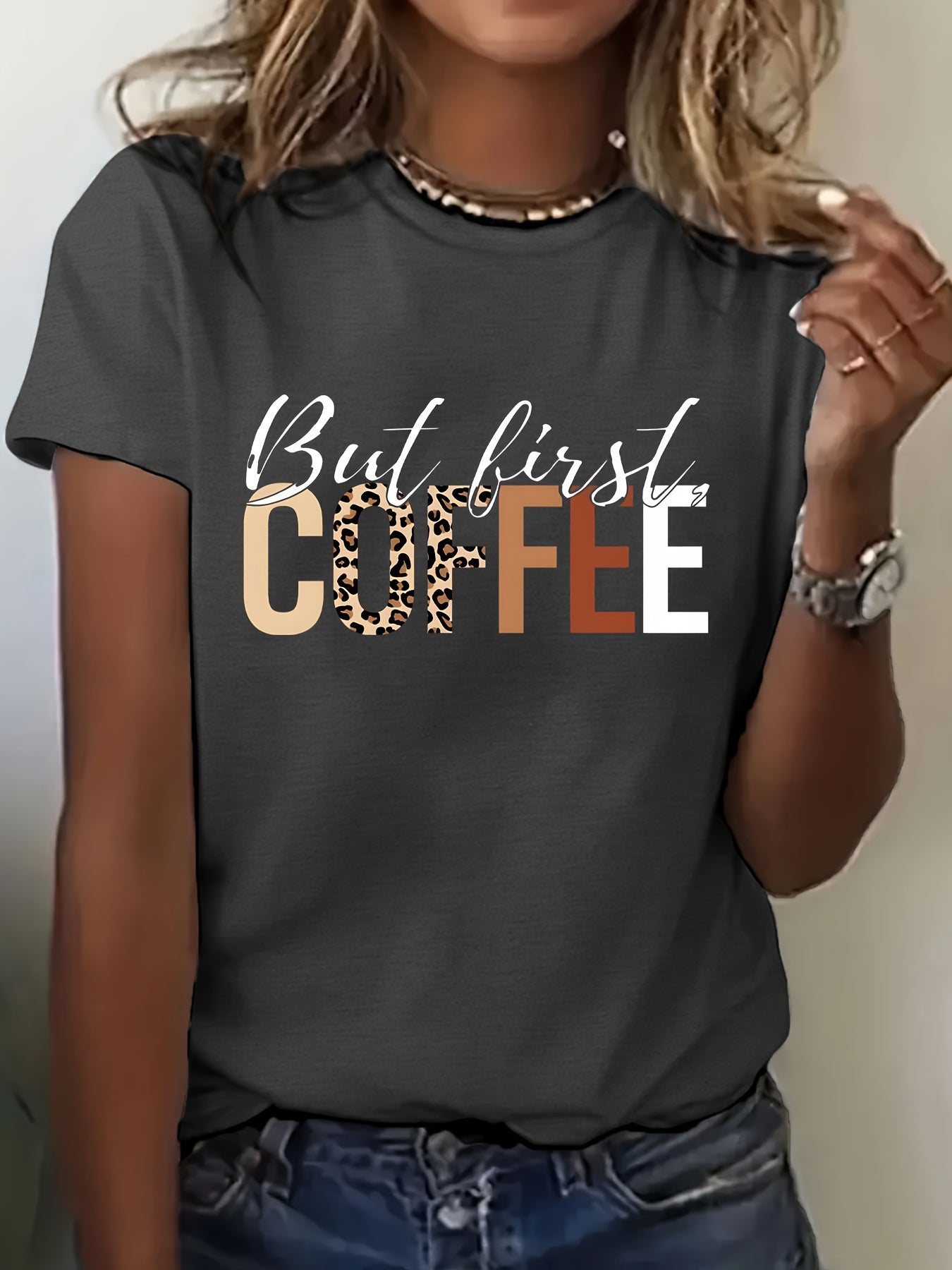 Coffee Print Crew Neck T-Shirt, Casual Short Sleeve Top For Spring & Summer, Women's Clothing