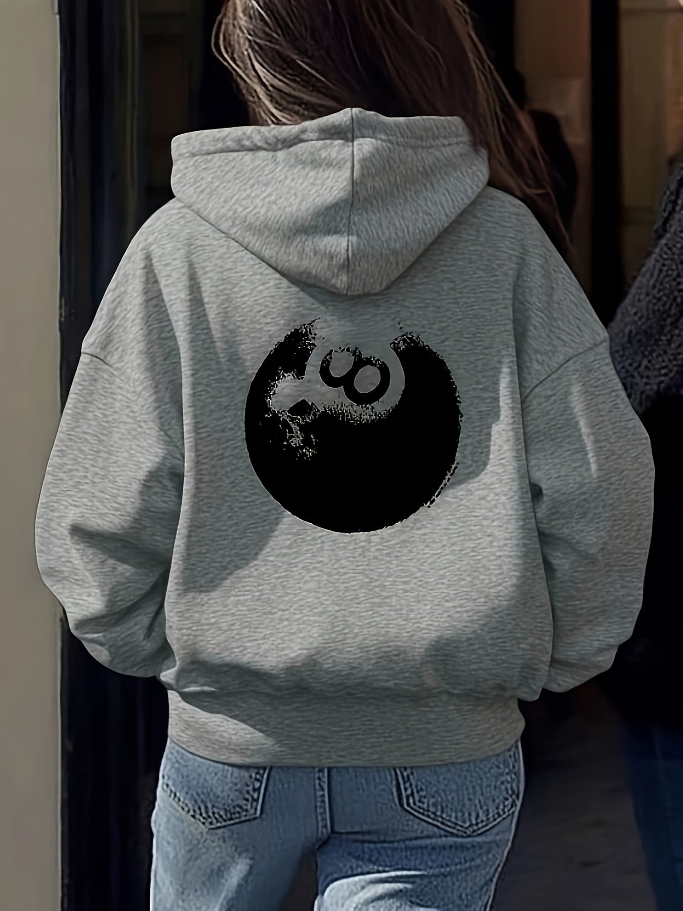 Women's Fashion Hoodie with Black Eight Graphic Print, Casual Polyester Knit Sweatshirt, Long Sleeve, Drawstring, All-Season, Geometric Pattern, Cozy Pullover