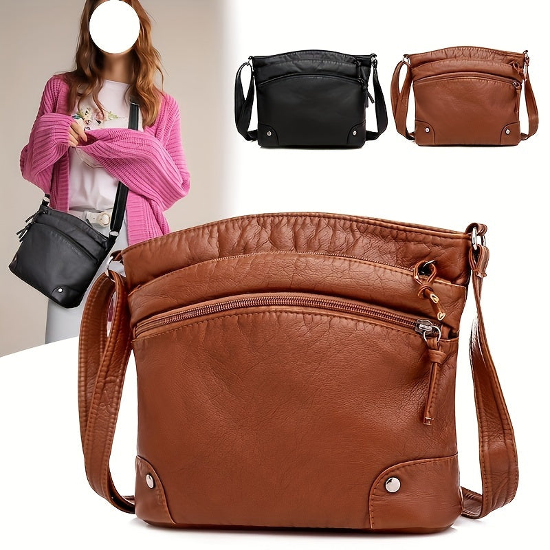 Chic Women's Vintage-Inspired Faux Leather Crossbody Bag with Adjustable Strap, Multi-Compartment Design - Lightweight, Zip Closure - Available in Light Brown/Black