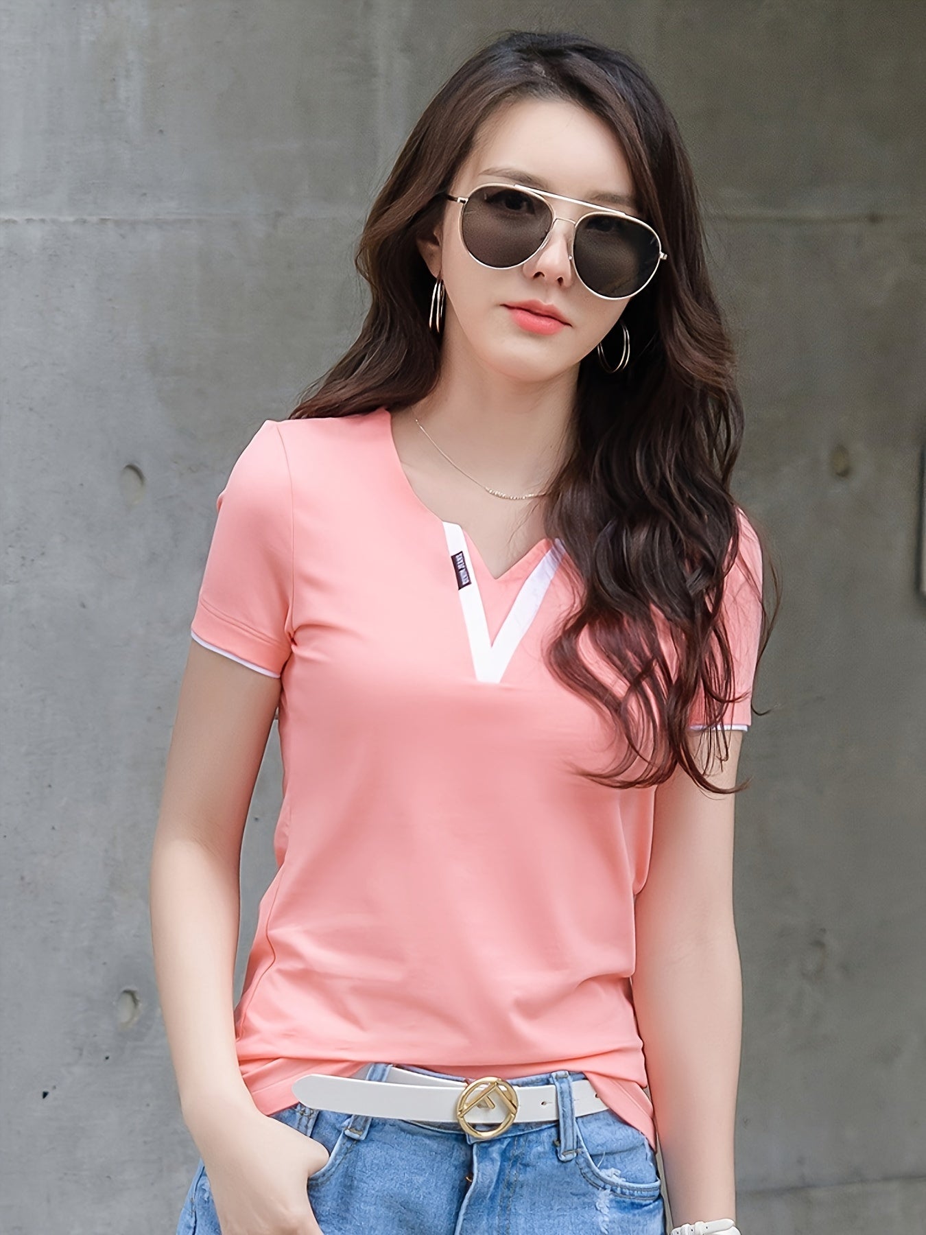 Color Block Notch Neck T-Shirt, Casual Short Sleeve T-Shirt For Spring & Summer, Women's Clothing