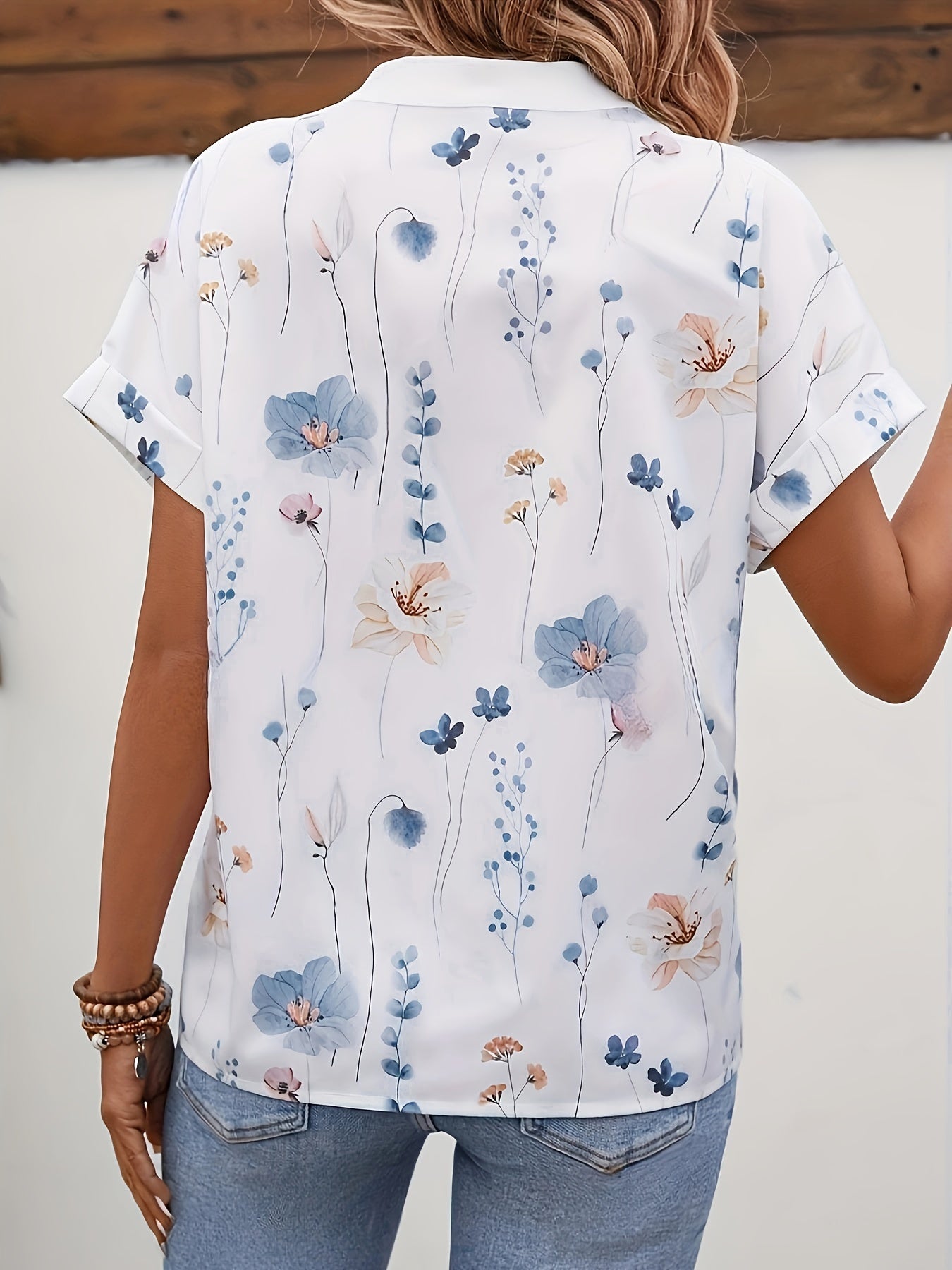 Floral Print Button Front Blouse, Casual Short Sleeve Blouse For Spring & Summer, Women's Clothing